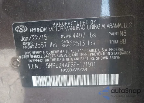 2015 Hyundai Sonata Se from USA, damaged, VIN 5NPE24AF8FH171911